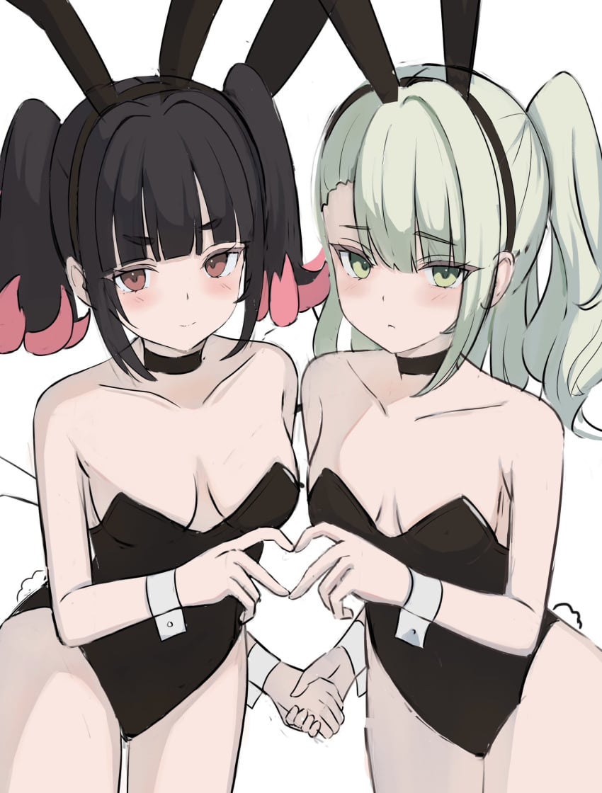 2girls alternate_costume angels_of_delusion artist_request bare_shoulders blush bunny_ears bunny_girl bunnysuit collarbone female female_focus female_only heart_hands highres holding_hands light-skinned_female light_skin looking_at_viewer multiple_girls nangong_yu_(rhapsody's_muse)_(zenless_zone_zero) nangong_yu_(zenless_zone_zero) side_ponytail simple_background small_breasts sunna_(zenless_zone_zero) twintails white_background zenless_zone_zero