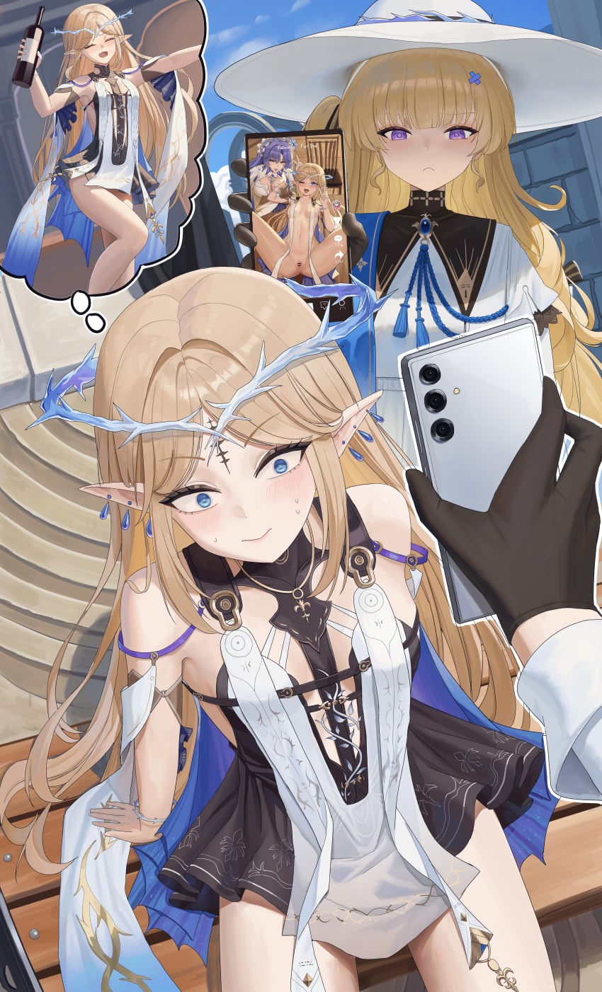 2girls absurdres bar_censor black_dress black_gloves blonde_hair blue_eyes blue_sky bottle breasts cantarella_(wuthering_waves) cartethyia_(wuthering_waves) cellphone censored closed_mouth commentary_request day dress drunk earrings gloves hair_intakes hair_ornament hat highres holding holding_bottle holding_phone jewelry korean_commentary long_hair multiple_earrings multiple_girls nude outdoors parted_bangs phoebe_(wuthering_waves) phone pointy_ears purple_eyes shirt sidelocks sitting sky small_breasts smartphone smile soul_(smfa2555) sweat tabard tacet_mark_(wuthering_waves) white_hat white_shirt white_tabard wuthering_waves x_hair_ornament