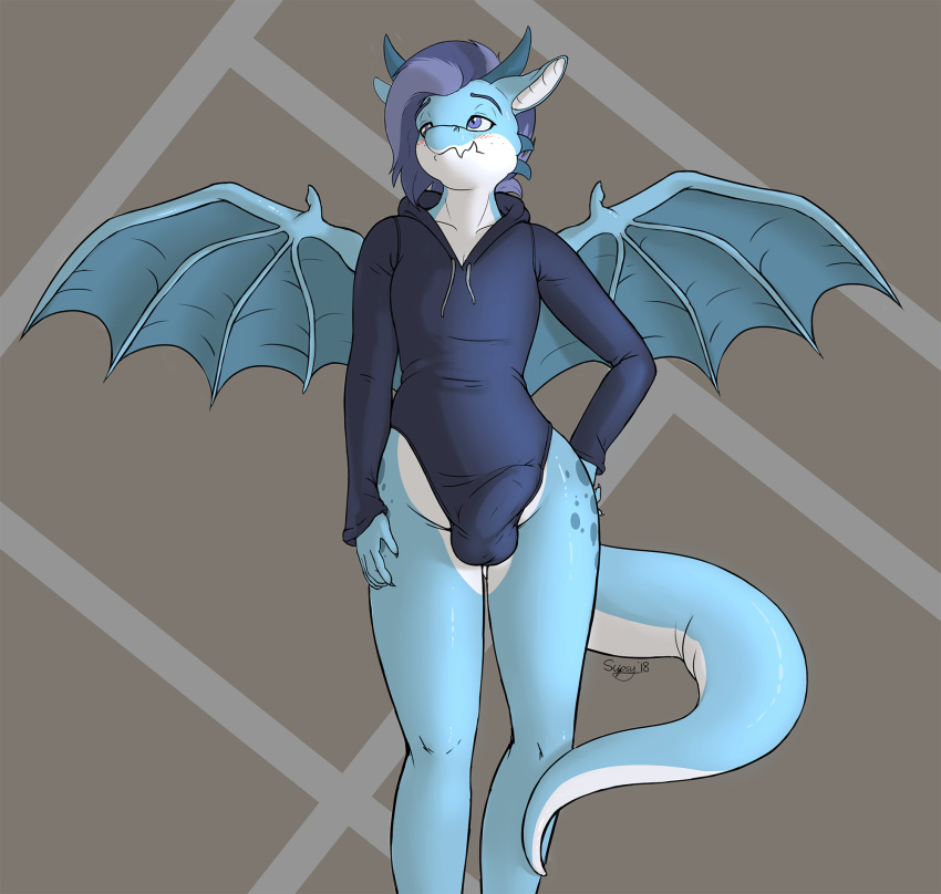 2018 anthro blue_eyes blue_hair bulge clothed clothing dragon girly hair hi_res hoodie horn male membranous_wings penis_outline signature skipsy skipsy_dragon_(character) solo spread_wings wings