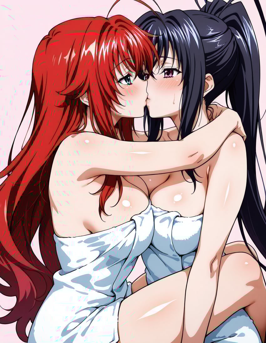 2girls ahoge ai_generated akeno_himejima antenna_hair black_hair blue_green_eyes blush breasts breasts_touching breasts_touching_each_other couple crimson_hair curvy female female_only high_school_dxd hugging hugging_partner kissing large_breasts leg_lock lesbian lesbian_kiss light_skin looking_at_each_other ponytail rias_gremory thick_thighs towel very_long_hair violet_eyes voluptuous yuri