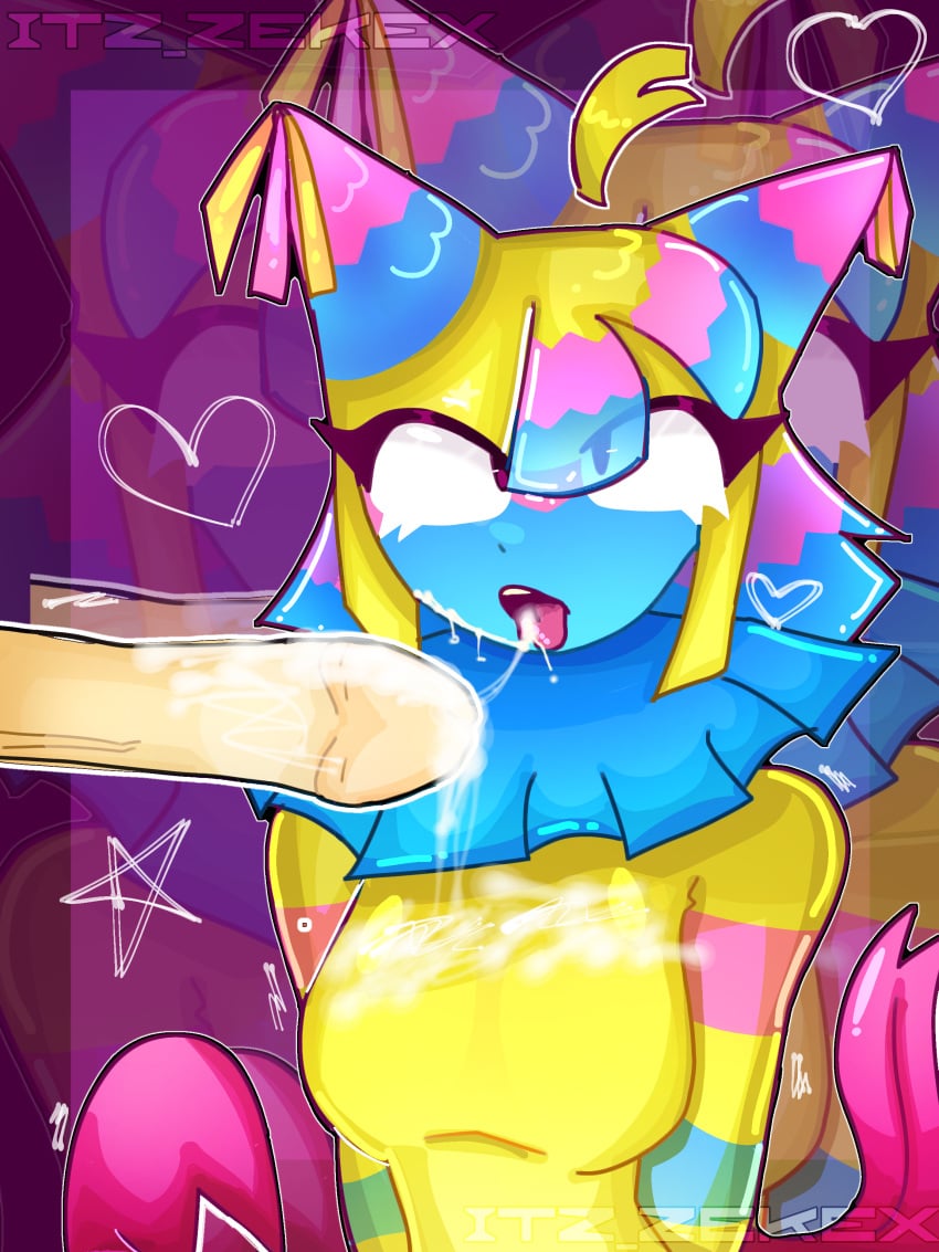 2025 anal cat_ears cum cum_in_mouth cum_in_penis dandy's_world dandys_world dick embarrassed female game heart high_quality itz_zekex_(artist) penis pinata pink_tail purple_background rainbow_hair roblox roblox_game star tagme tail video_game_character watermark y/n yatta_(dandy's_world) you