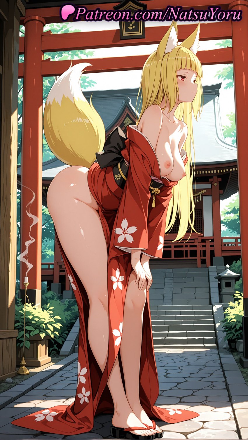 1girls 2025 ai ai_assisted ai_generated animal_ear_fluff animal_ears anime anime_style architecture artist_name ass bangs bare_legs bare_shoulders bent_over blonde_hair blunt_bangs blush breasts breasts_out bust busty closed_mouth collarbone day dungeon_ni_deai_wo_motomeru_no_wa_machigatteiru_darou_ka east_asian_architecture feet female female_focus female_only floral_print foot_fetish fox_ears fox_girl fox_tail from_side full_body hands_on_own_knees haruhime hentai hi_res high_quality high_resolution highres japanese_clothes juicy_butt kimono kimono_pull large_breasts leaning_forward legs long_hair long_sleeves looking_at_viewer looking_to_the_side makeup medium_breasts multiple_torii natsuyoru nipples nipples_outside no_bra no_panties non-asian obi off_shoulder open_clothes outdoors patreon plant platform_footwear print_kimono red_eyes red_kimono robe sandals sanjouno_haruhime sash shiny_skin shrine smoke solo solo_female stable_diffusion stairs standing stone_floor stone_lantern tail thighs toenails toes torii uncensored_nipples voluptuous voluptuous_female wafuku wide_sleeves zouri