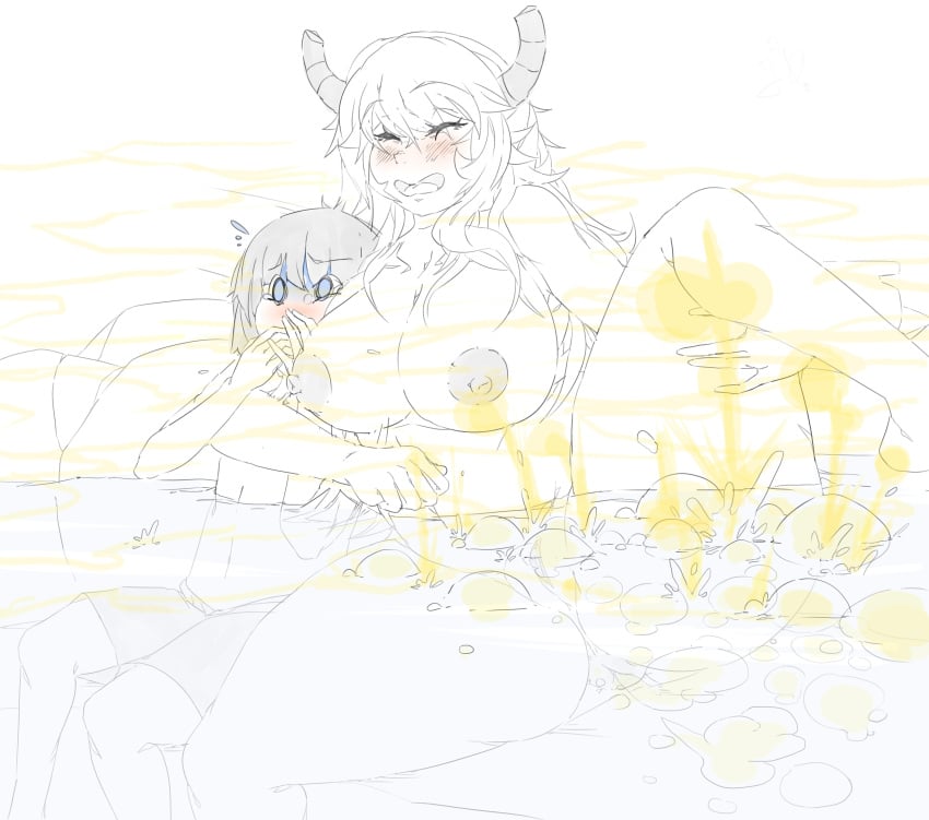 1boy 1girls anus ass ass_bigger_than_head asshole bath big_ass big_breasts big_butt blush breasts closed_eyes fart fart_bubbles fart_cloud fart_fetish farting female horns kobayashi-san_chi_no_maidragon lazei leg_up lucoa lucoa_(maidragon) male miss_kobayashi&#039;s_dragon_maid naked naked_female nipples open_mouth quetzalcoatl_(dragon_maid) sketch smile tears thick_thighs uncolored vagina water