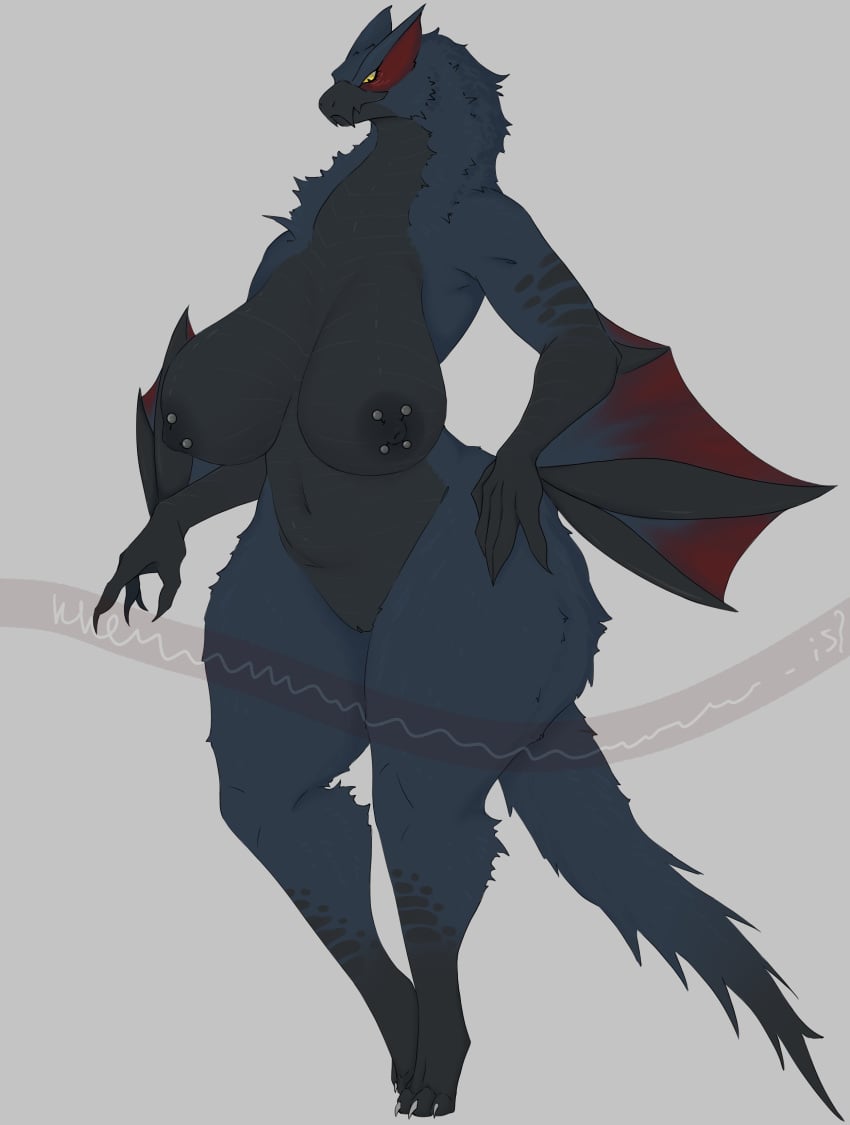 1girls absurd_res anthro areola big_breasts black_body blue_body breasts capcom digitigrade female female_only fingers flying_wyvern full_body fur furry genitals hi_res khemmmis monster_hunter nargacuga nipple_piercing nipples nude piercing pussy solo tail thick_thighs wings