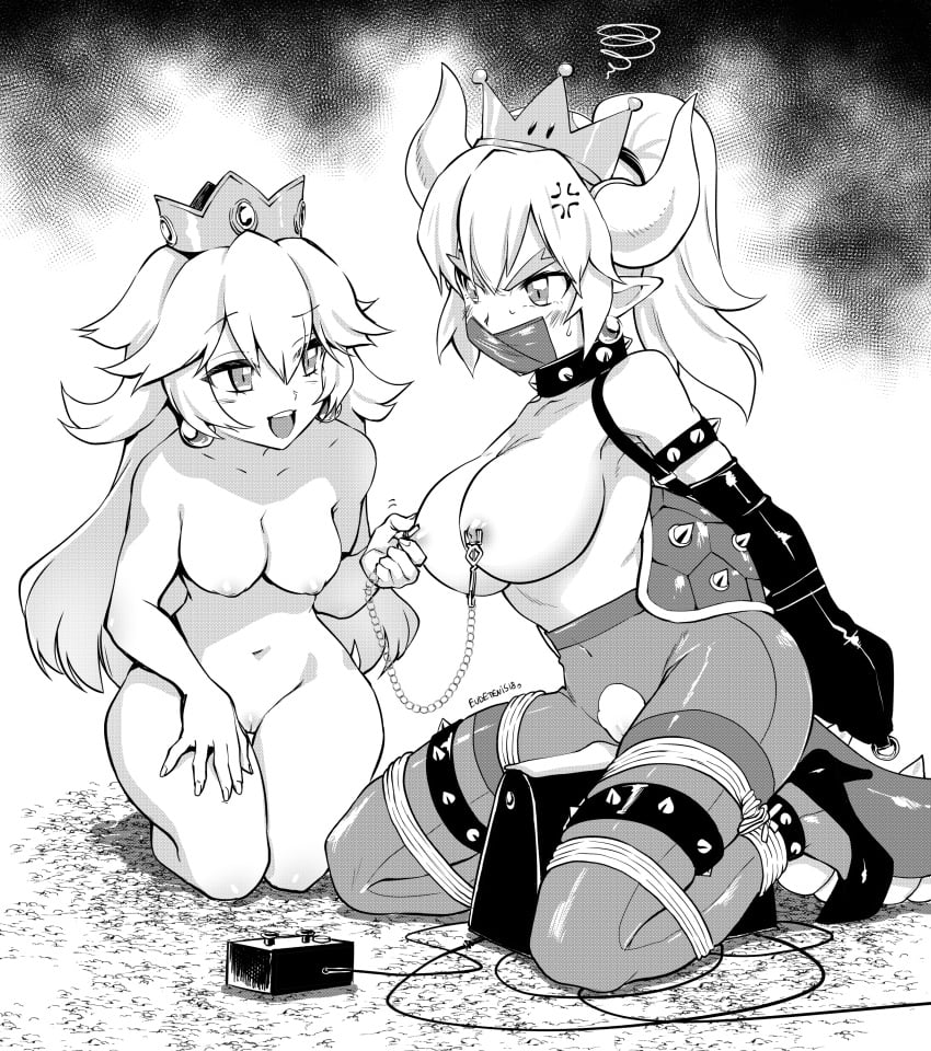 2girls absurdres anger_vein angry armbinder blush bondage bound bound_arms bound_legs bowsette breasts crown earrings eudetenis exposed_ass exposed_breasts exposed_pussy female female_focus female_only femdom femsub gag gagged genderswap_(mtf) greyscale high_heels highres horns human jewelry kneeling large_breasts lesbian lezdom mario_(series) medium_breasts monochrome multiple_girls naked naked_female new_super_mario_bros._u_deluxe nintendo nipple_piercing nipple_rings nipple_tweak nude nude_female pantyhose piercing pointy_ears princess_peach pussy restrained rope rule_63 smile super_crown super_mario_bros. tape tape_gag taped_mouth tied_up torn_clothes torn_pantyhose yuri