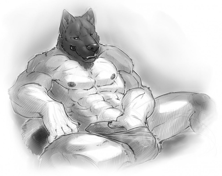 2010 5_fingers abs akita anthro biceps biped briefs canine clothed clothing erection front_view greyscale hurst lips male male_only mammal monochrome muscular muscular_male neodokuro nipples pecs penis poking_out sitting snout solo spread_legs spreading teeth topless underwear