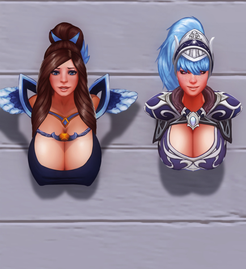 1girls 2girls aethosart blue_eyes blue_eyeshadow blue_hair blush breasts brown_hair cleavage clothed dota dota_2 eyeshadow female female_only freckles hanging_breasts large_breasts light_skin luna_(dota) mirana pink_eyes pleasure_face smile smiling through_wall