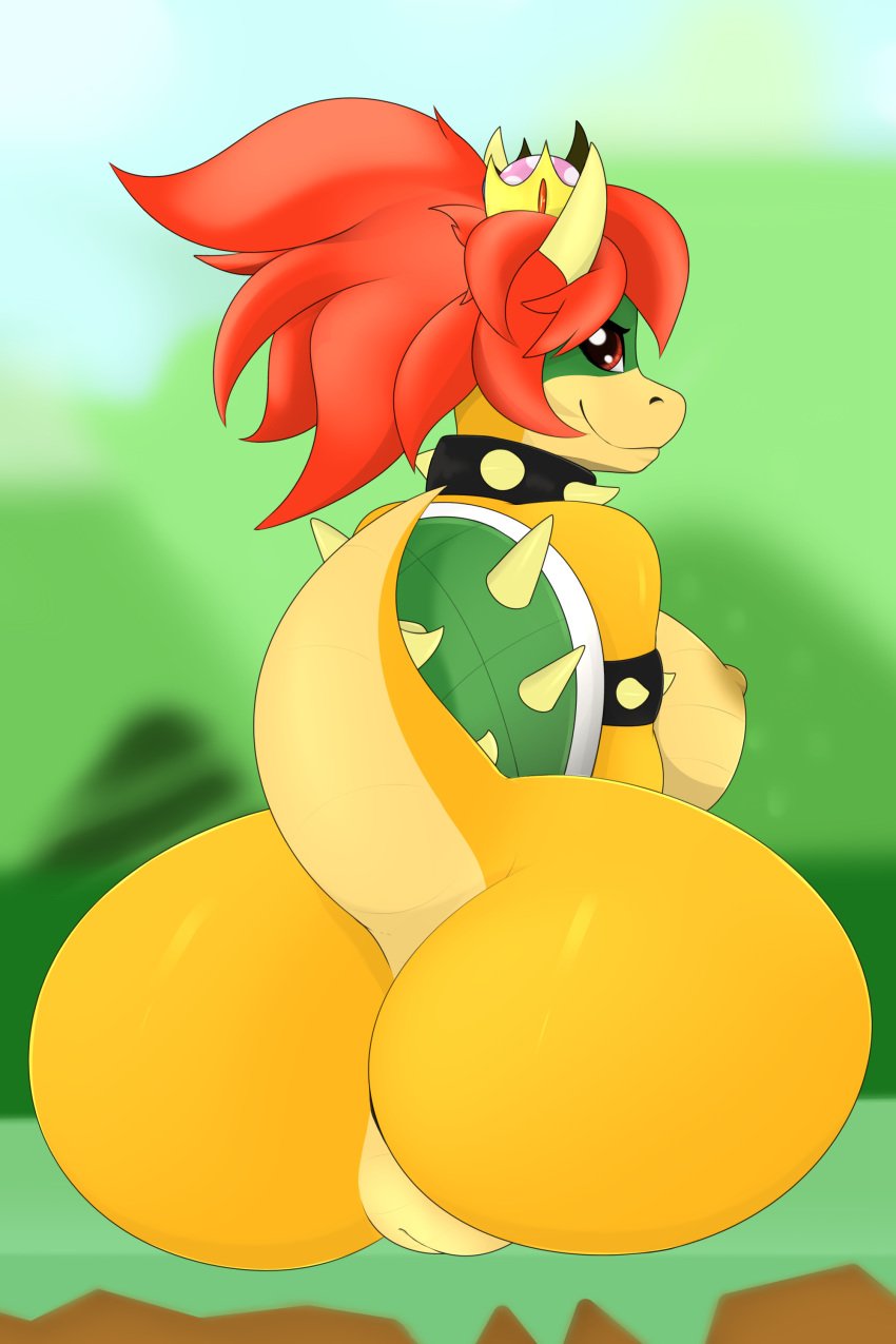 anthro armband ass big_butt booponies bowser bowsette breasts collar crown dragon female female_bowser genderswap horn looking_back mario_(series) new_super_mario_bros._u_deluxe nintendo nipples pussy raised_tail reptile scalie sideboob smile super_crown turtle video_games