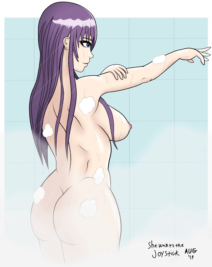 1girls 2019 ass back_view big_ass blue_eyes dated ear_piercing earrings female hi_res long_hair one_arm_up purple_hair shewantsthejoystick shower showering sideboob simple_background soap solo solo_focus standing unnamed_character wide_hips