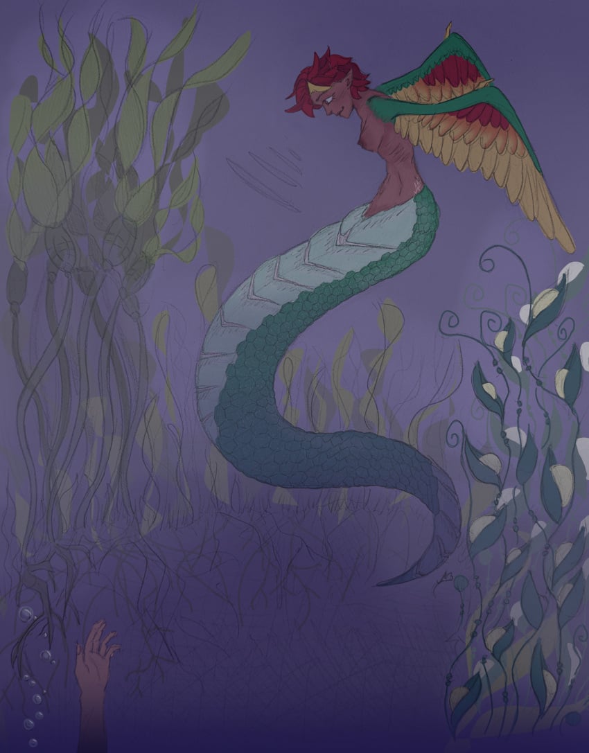 1female 1girls breasts content_smile dominant_female drowning female female_focus genital_slit gills happy helpless humanoid hunter hybrid long_tail mermaid no_legs nude nude_female petite serpentine siren slim thin_waist underwater victim winged_humanoid wings
