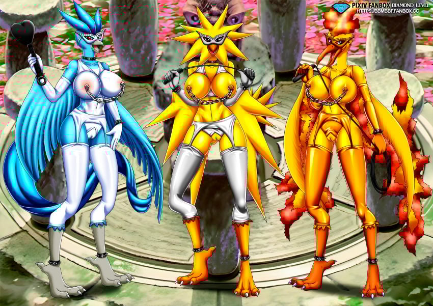 3girls anthro anthro_only articuno bbmbbf bird bird_girl bondage_gear bondage_outfit bracelet bracelets breasts collar_ring diamond_level dominatrix domino_mask female female_focus female_pokemon fishnets furry high_heels huge_breasts moltres palcomix pokemon pokemon_(game) pokemon_(species) pokepornlive zapdos