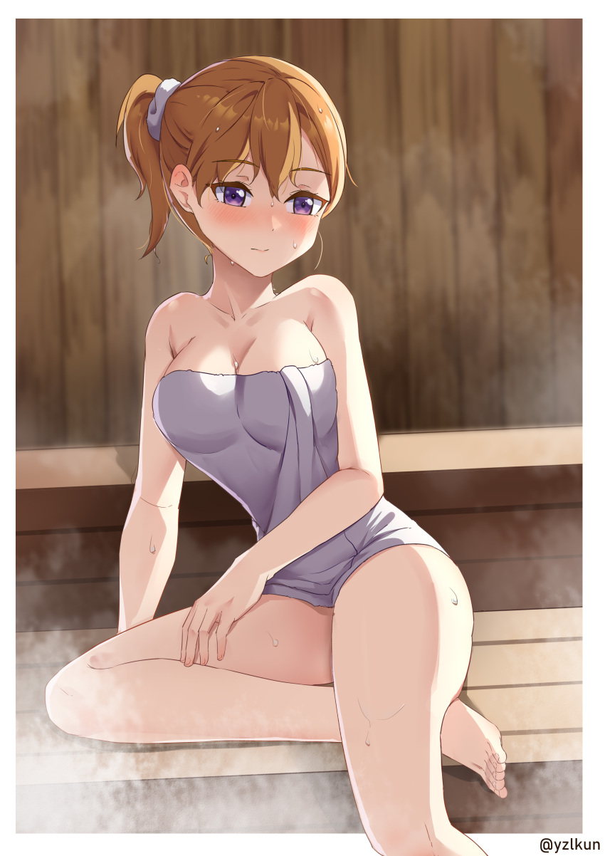alternate_hairstyle bare_arms bare_legs bare_shoulders bare_thighs barefoot blush breasts cleavage closed_mouth collarbone feet large_breasts love_live! love_live!_superstar!! medium_breasts naked_towel orange_hair ponytail purple_eyes sauna shibuya_kanon sitting steam sweat sweaty_body thighs toes towel towel_only yzlkun