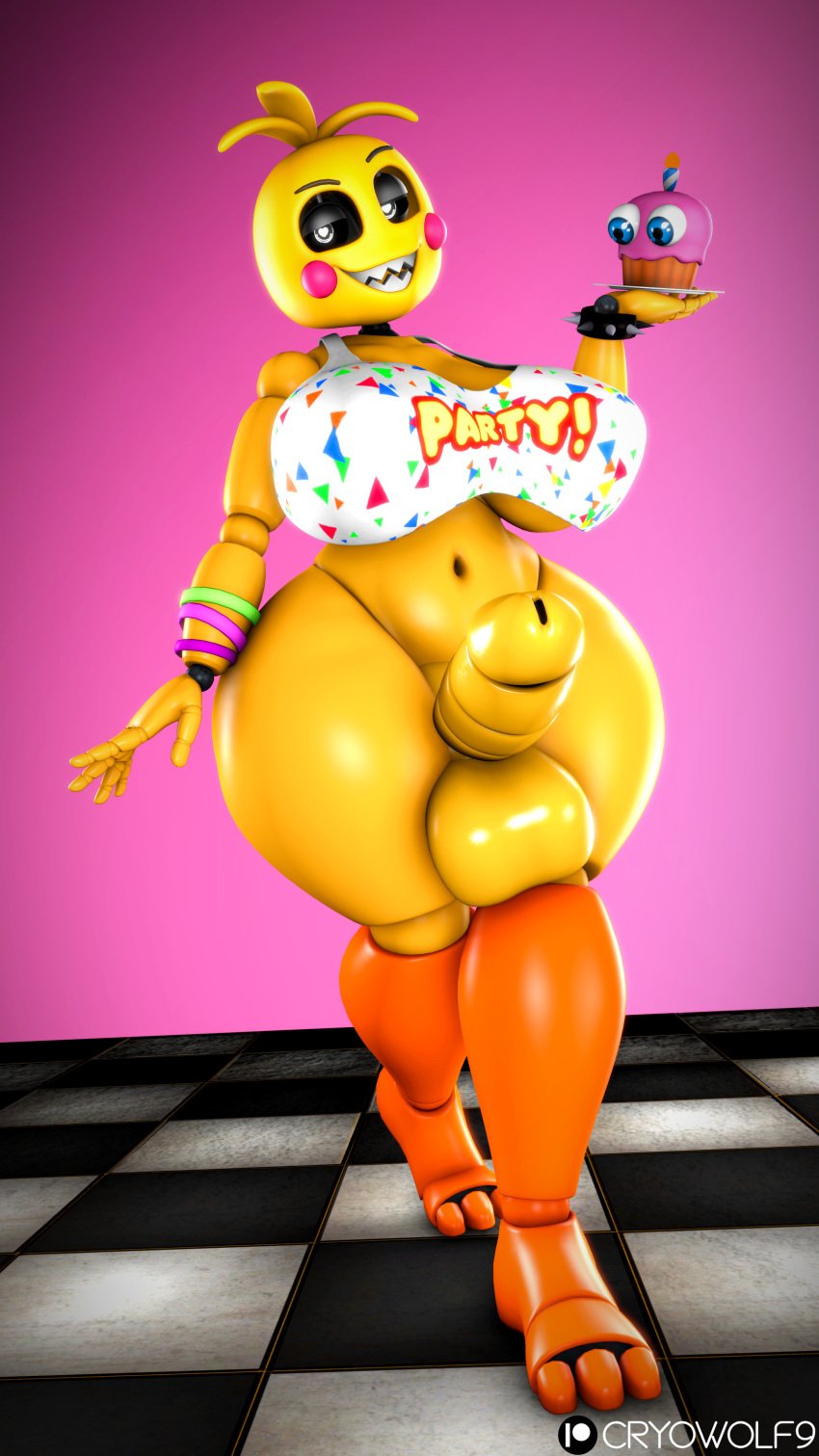 3d absurd_res animatronic anthro balls bib cryowolf9 cupcake_(fnaf) digital_media_(artwork) five_nights_at_freddy's five_nights_at_freddy's_2 futanari genitals gynomorph hi_res intersex machine nude penis robot scottgames solo source_filmmaker_(artwork) thick_thighs toy_chica_(fnaf)