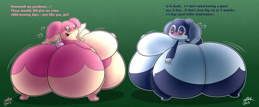 2girls absurd_res artist_signature ass_bigger_than_head audino belly_bigger_than_body blush blush_lines breasts breasts_bigger_than_head dialogue english_text female from_behind game_freak generation_5_pokemon generation_8_pokemon hand_on_own_ass hatty_ya_ku hi_res hourglass_figure huge_ass huge_belly huge_breasts hyper hyper_ass hyper_belly hyper_breasts hyper_butt hyper_hips hyper_hourglass hyper_pregnancy hyper_pregnant indeedee meat_wall_(body_type) motion_lines nintendo pok&eacute;mon_(species) pokemon pokemon_(species) simple_background two_tone_body