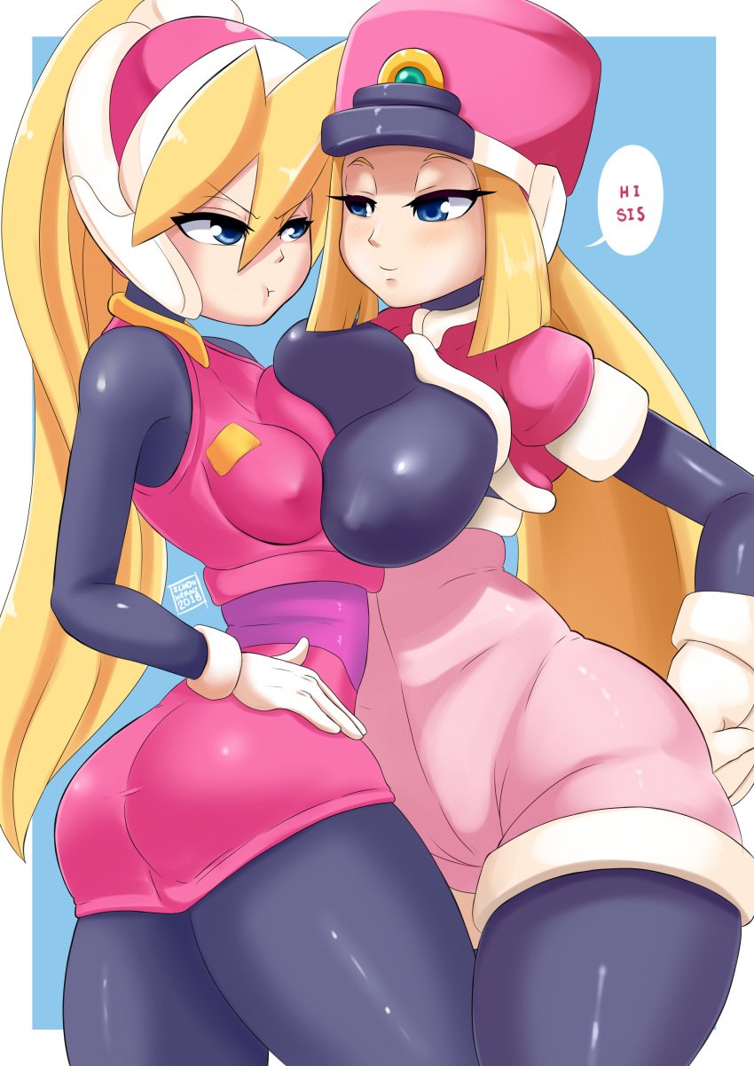 2girls big_breasts blonde_hair bodysuit ciel_(mega_man) ichduhernz mega_man mega_man_zero mega_man_zx multiple_girls prairie simple_background small_breasts