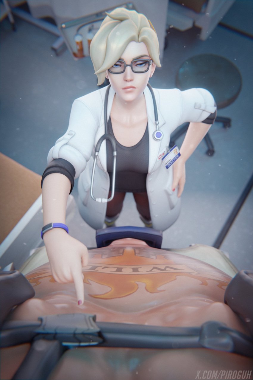 1boy 1girls 3d blizzard_entertainment fat_male female glasses looking_at_viewer male male/female male_pov medical_examination mercy overwatch piroguh pov roadhog stethoscope tagme