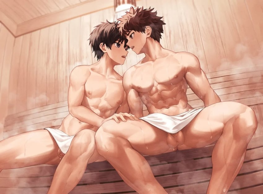 2boys abs balls biceps big_areola big_balls big_breasts black_eyes black_hair blurry_background breasts brown_eyes brown_hair dangling_balls dangling_testicles duo erection erection_under_clothes eyelashes gay genital_outline hand_on_leg hi_res indoors looking_at_another male male/male male_breasts mature_male muscles muscular muscular_arms muscular_legs muscular_male muscular_thighs navel nayoshi_(r-744) open_mouth oppai original original_character pecs practically_nude quadriceps sauna short_hair sitting sitting_on_bench six_pack steam sweat sweatdrop sweating sweaty topless towel towel_around_waist towel_only wet wet_body wooden_floor wooden_wall yaoi young
