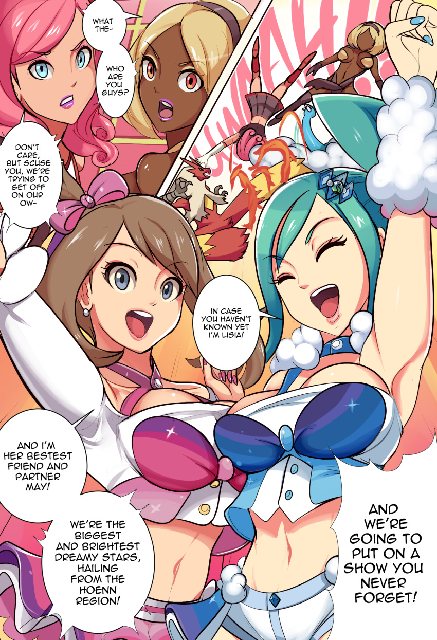 4girls blaziken blue_eyes blue_hair blue_nails breasts brown_hair closed_eyes color comic contest_dress dark-skinned_female dark_skin english_text female female_only human human_only idol lipstick lisia_(pokemon) may_(pokemon) may_(pokemon_oras) multiple_girls nail_polish nintendo orange_hair pink_hair pink_nails pokemon pokemon_(species) pokemon_oras purple_lipstick revolverwingstudios source_request stripper text