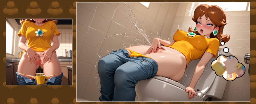 2girls ai_generated bathroom blush clothing drinking drinking_urine erect_nipples female jeans jeans_down kitchen kitchen_appliance kitchen_counter kitchen_utensils mario_(series) masturbation nervous nintendo oblivious panties panties_down peeing peeing_in_cup princess_daisy princess_peach sitting_on_toilet solo spread_pussy squirting squirting_orgasm thought_bubble toilet yellow_panties