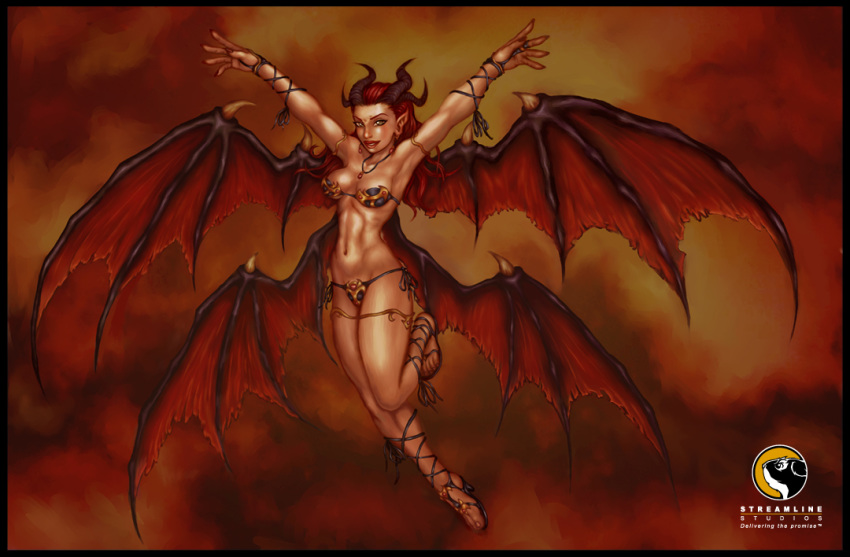 bat_wings bikini bra female hecm horns official_art overlord_(game) overlord_(game_series) red_hair redhead succubus succubus_queen thong underwear wings