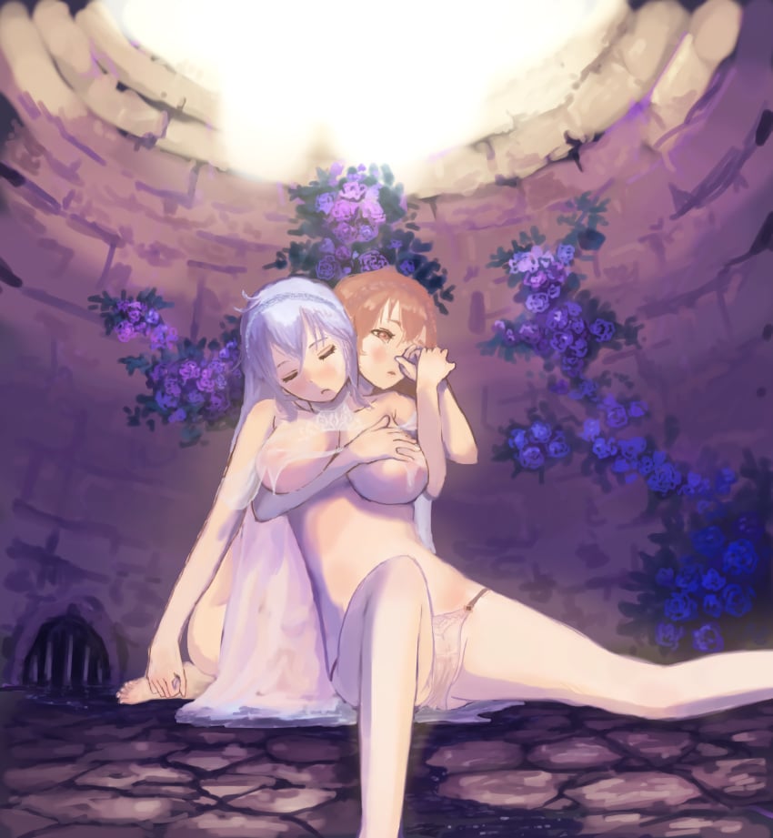 2girls arnas_(yoru_no_nai_kuni) arnice blush breasts closed_eyes couple flower grope hand_holding juju_(artist) juju_(poipoipui) lilysse lyuritis_(yoru_no_nai_kuni) moaning multiple_girls nights_of_azure nipples orange_hair panties underwear white_hair yoru_no_nai_kuni yuri