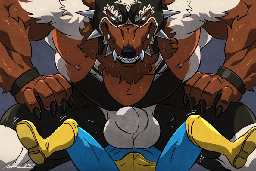 2017 anthro belly biceps bulge claws clothing collar duo facesitting fangs fur hair madcow100 male mammal mask muscular muscular_male mustelid nipples pecs pinned shirt simple_background sitting smile spiked_collar spikes squash squashing tank_top wfa wolverine wrestling yaoi