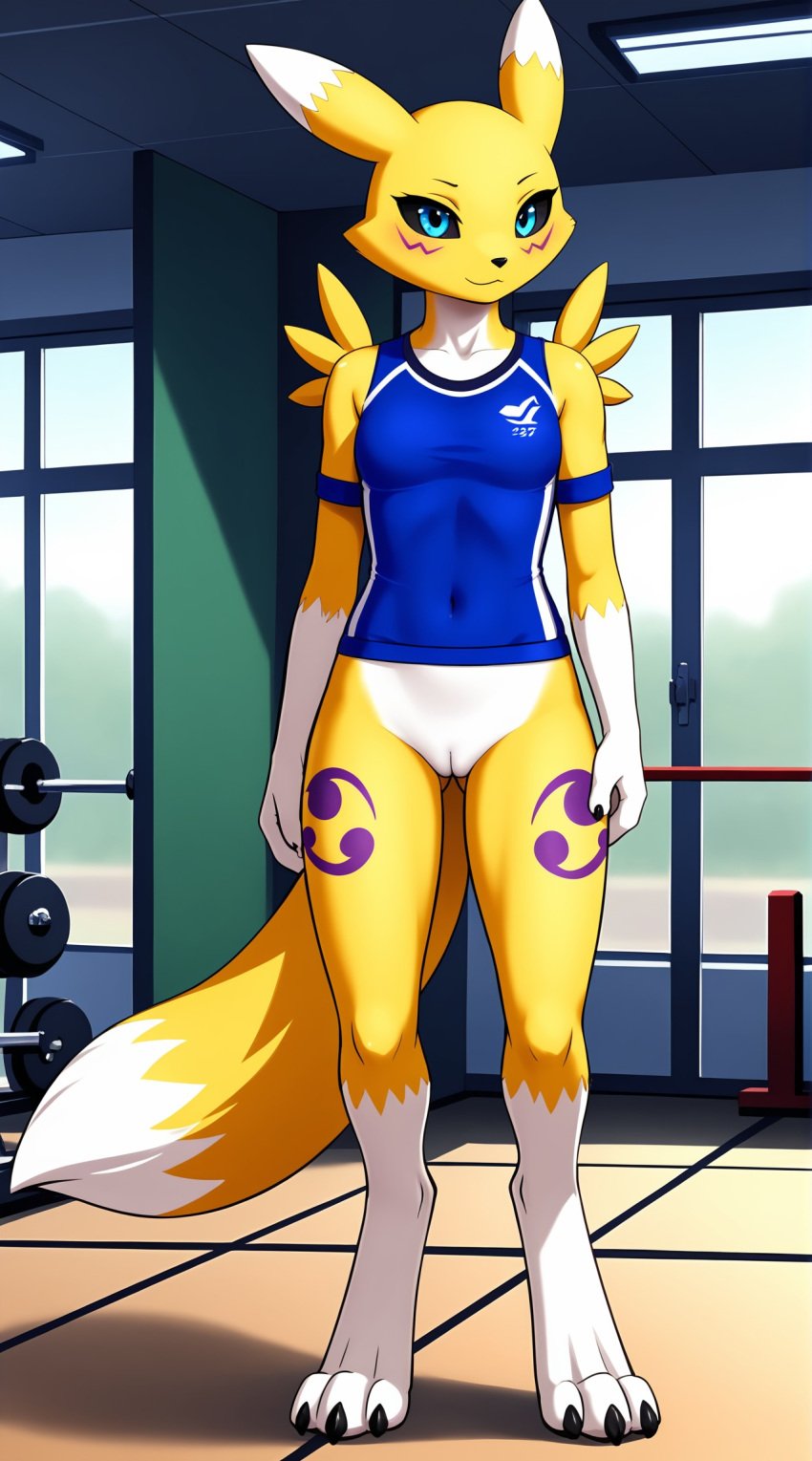 1girls 2025 ai_generated anthro black_sclera blue_eyes bottomless bottomless_female digimon digimon_(species) digitigrade gym gym_uniform hi_res indoors innie_pussy looking_at_viewer pussy renamon smile white_fur yellow_fur