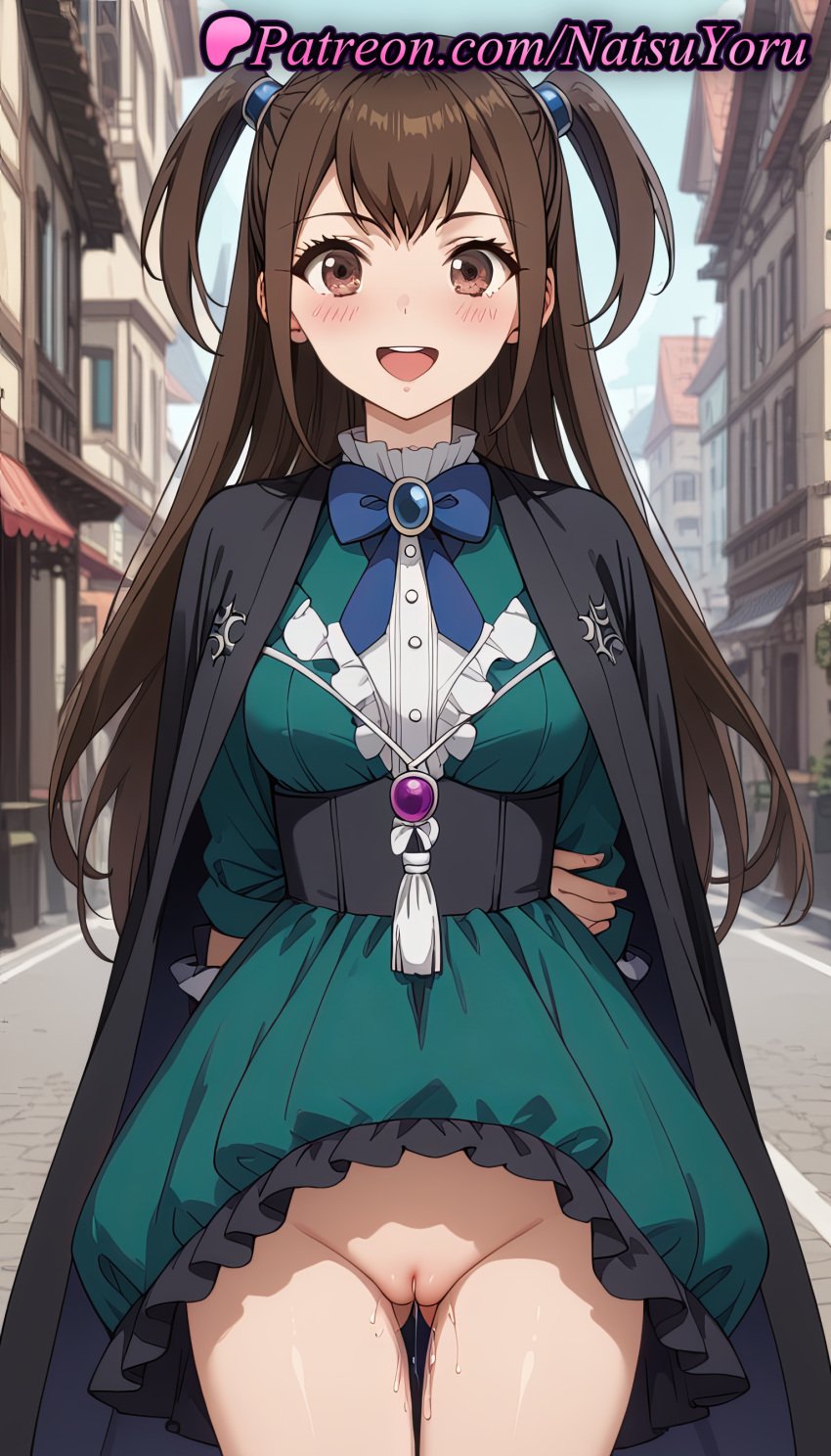 1girls :d ai_generated anime anime_style aqua_dress arms_behind_back asian ass_visible_through_thighs bangs black_cape black_cloak blue_bow blue_bowtie blurry blurry_background blush bow bowtie breasts brooch brown_eyes brown_hair building bust busty cape center_frills cleft_of_venus cloak clothes_lift clothing corset cowboy_shot day dress dress_lift east_asian exhibitionism female female_focus female_only female_solo frilled_dress frills gem green_dress hair_ornament hentai jewelry kazayama_kizuna labia labia_majora long_hair long_sleeves looking_at_viewer medium_breasts natsuyoru no_panties nopan open_mouth outdoors paipan public_indecency pussy pussy_juice road skirt skirt_lift sky smile solo solo_female standing straight-on street tassel tate_no_yuusha_no_nariagari teeth the_rising_of_the_shield_hero thigh_gap twintails two_side_up uncensored upper_teeth_only vagina voluptuous voluptuous_female