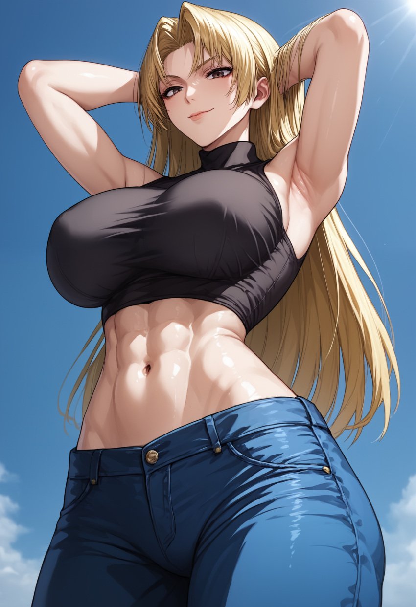 abs ai_generated armpits big_ass big_breasts big_butt blonde_female blonde_hair clothed_sex fit_female huge_breasts jeans jujutsu_kaisen kikia1 long_hair muscles muscular_female patreon sexy sexy_armpits tagme wide_hips yuki_tsukumo