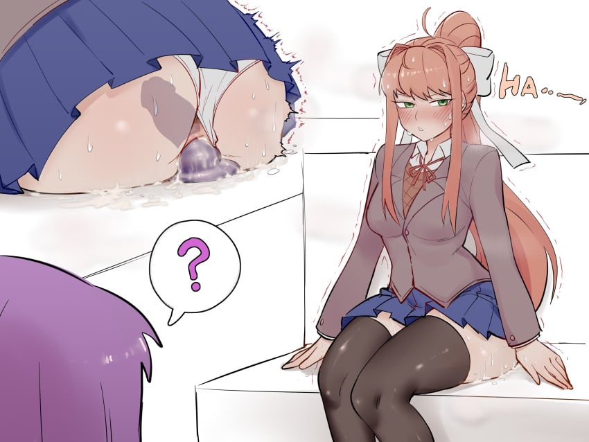 2d 2girls anal anal_masturbation anal_sex ass blush brown_hair carambolatup clothed clothes dildo dildo_in_ass dildo_sitting doki_doki_literature_club female green_eyes hair_ribbon hairbow long_hair monika_(doki_doki_literature_club) panties panties_aside public public_masturbation pussy_juice seated skirt solo_focus speech_bubble spoken_question_mark sweat thick_thighs thigh_highs thighhighs thighs trembling uncensored x-ray yuri_(doki_doki_literature_club)