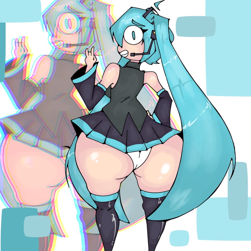 1girls back_view blue_eyes blue_hair glitch hatsune_miku headgear large_ass large_breasts miku ninckvel simple_background simple_shading sketch skirt thick_thighs thighs zmilkx