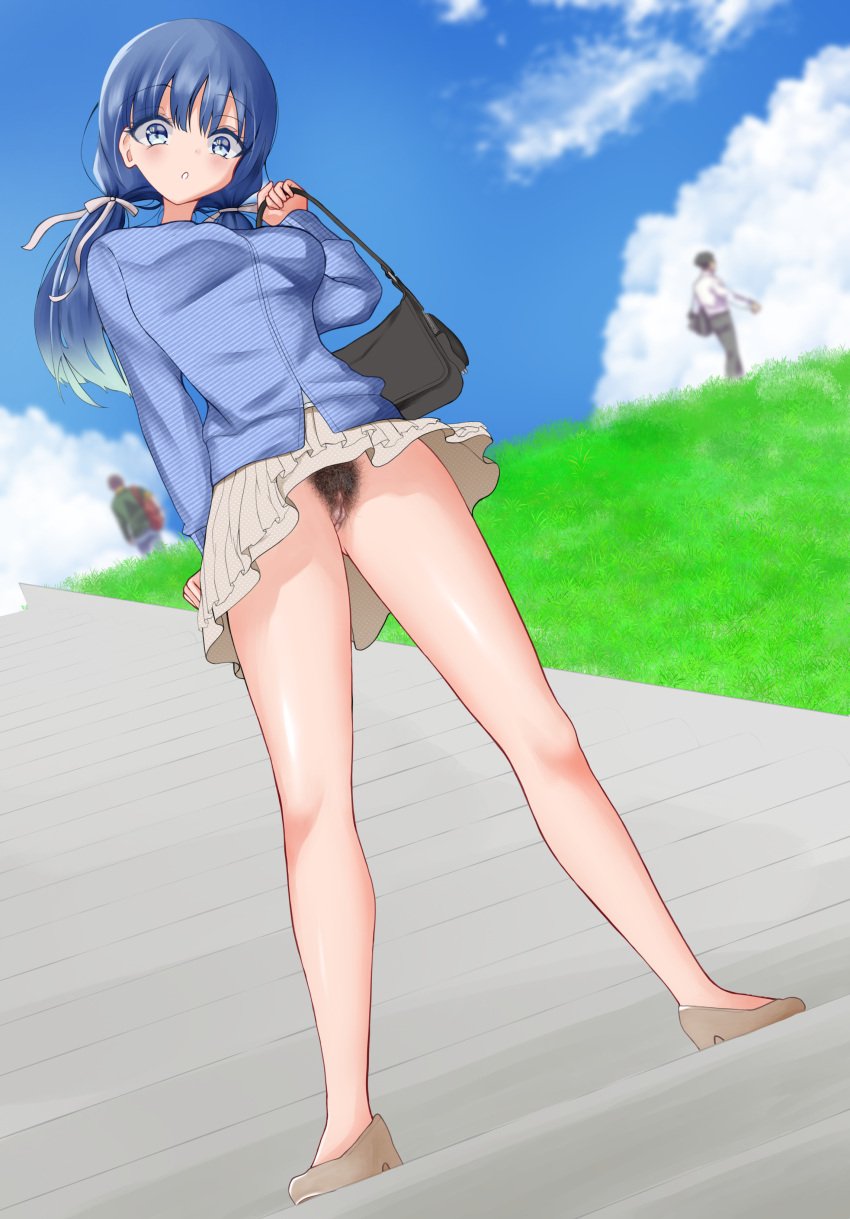 absurdres bag bare_legs excessive_pubic_hair exhibitionism female female_pubic_hair highres no_panties pubic_hair public_indecency pussy ren_(diamondlibrary) skirt sky stairs