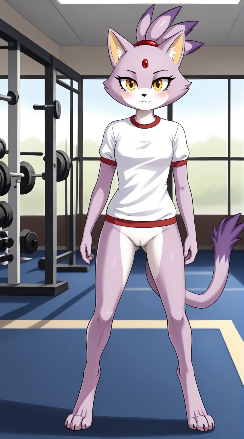 1girls 2025 ai_generated amber_eyes anthro blaze_the_cat blushing bottomless bottomless_female digitigrade gym gym_shirt hi_res indoors inner_ear_fluff innie_pussy looking_at_viewer purple_fur pussy sega smile sonic_(series) sonic_the_hedgehog_(series) white_fur