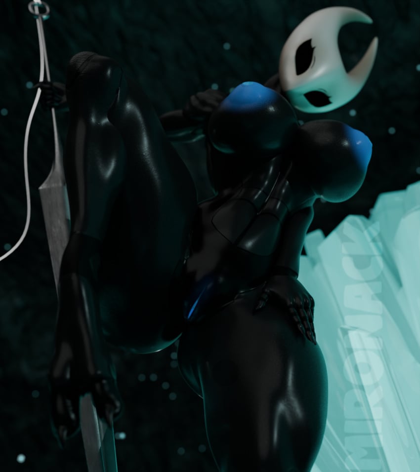 3d_(artwork) anthro arthropod big_breasts black_body black_breasts black_eyes blender_(artwork) blue_nipples bottom_view breasts cave cave_background digital_media_(artwork) eyelashes female genitals hi_res holding_melee_weapon holding_object holding_weapon hollow_knight horn hornet_(hollow_knight) looking_at_viewer looking_down melee_weapon mironack nipples nude poster pussy raised_leg solo team_cherry watermark weapon white_head