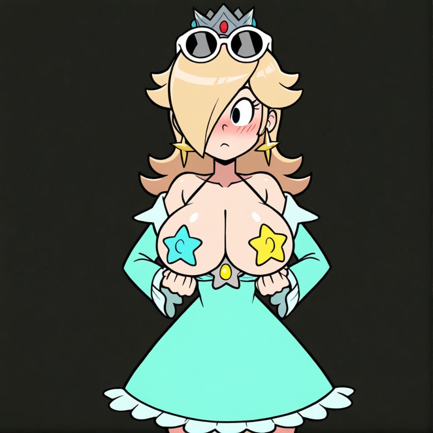 ai_generated blonde_hair breasts crown dress dress_pull earrings hair_over_one_eye large mario_(series) pasties princess_rosalina stable_diffusion