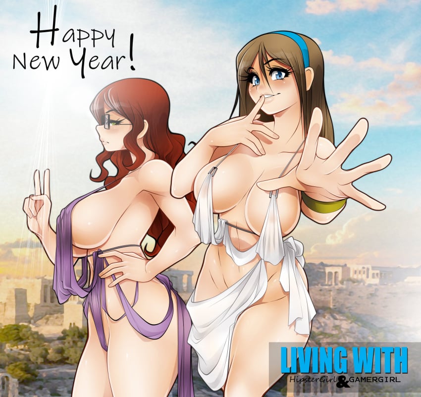 2girls blue_eyes brown_hair erika_(living_with_hipstergirl_and_gamergirl) glasses green_eyes hairband huge_breasts jago_dibuja living_with_hipstergirl_and_gamergirl long_hair new_year practically_nude red_hair revealing_clothes revealing_dress sophie_(living_with_hipstergirl_and_gamergirl) voluptuous