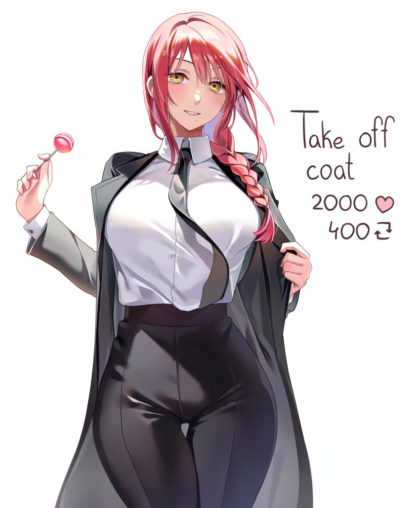 big_breasts bob_cut braid braided_ponytail breasts chainsaw_man formal formal_wear jacket lollipop looking_at_viewer machulanko makima_(chainsaw_man) open_jacket pawg red_hair shirt slim_waist standing tight_clothing tight_fit wide_hips yellow_eyes