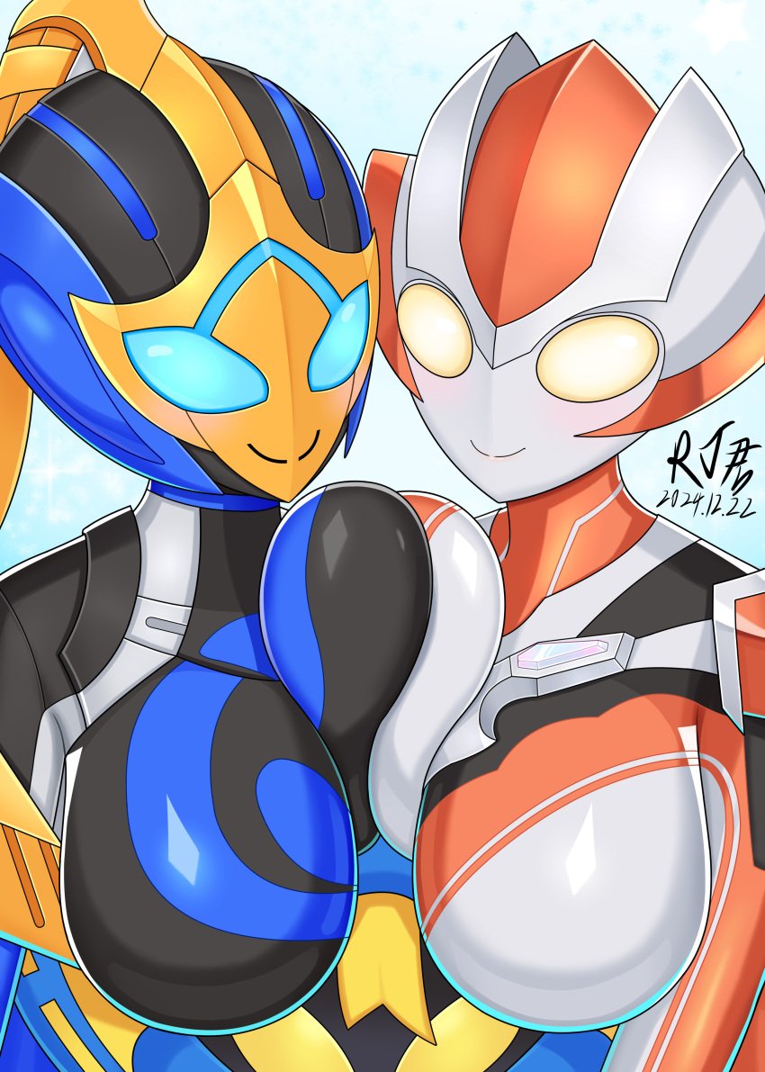 2girls alien alien/human alien_girl breast_press breast_squeeze breast_squish breasts breasts_out female female_only helmet helmet_girl kamen_rider kamen_rider_jeanne kamen_rider_revice_(series) large_breasts minato_asahi_(grigio) no_sex sakura_igarashi ultraman_(franchise) ultraman_r/b ultrawoman_grigio