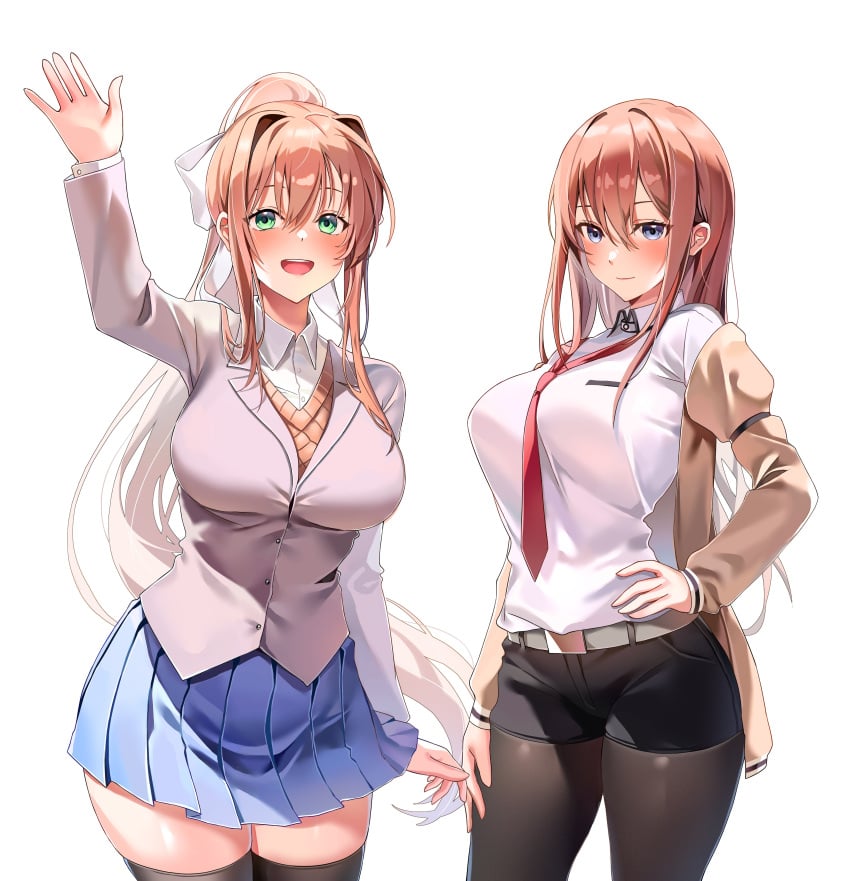 2girls belt belt_buckle big_breasts blue_eyes blushing brown_hair crossover doki_doki_literature_club female female_only green_eyes hair_ribbon human long_hair looking_at_viewer machulanko makise_kurisu monika_(doki_doki_literature_club) multiple_girls school_uniform schoolgirl schoolgirl_uniform shorts skirt slim_waist smiling_at_viewer steins;gate thick_thighs thighhighs tied_hair tight_clothing tight_fit waving waving_at_viewer