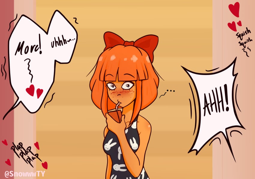 blue_eyes blush blush bunny comic freckles mymy_schoppenboer ongezellig orange_hair sfx snowwwy_(artist) sucking suprised tank_top text text_bubble