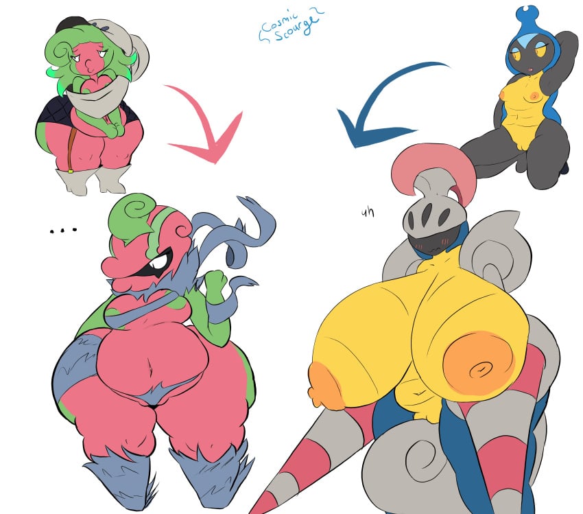 2018 2girls abs accelgor alternate_color anthro areola armor arthropod ass belly big_areola big_ass big_belly big_breasts big_nipples big_thighs breasts chubby cosmicscourge english_text escavalier evolution female female_only huge_ass huge_breasts huge_butt hyper hyper_breasts insect insects karrablast multiple_girls navel nintendo nipples nude original_character overweight overweight_female partial_clothing pokémon_(species) pokemon pokemon_bw pussy shelmet shortstack simple_background small_breasts text thick_thighs video_games voluptuous watermark wide_hips