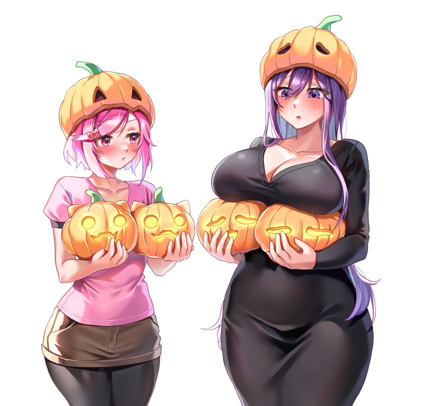 2girls big_breasts bigger_female blush breasts doki_doki_literature_club dress embarrassed embarrassed_female halloween_costume halloween_decoration halloween_pumpkin halloween_theme huge_breasts long_hair machulanko natsuki_(doki_doki_literature_club) petite petite_body petite_female pink_hair purple_eyes purple_hair short_hair shorter_female shy skirt taller_female taller_girl text thick_body thick_thighs tight_clothing tight_fit white_background yuri_(doki_doki_literature_club)