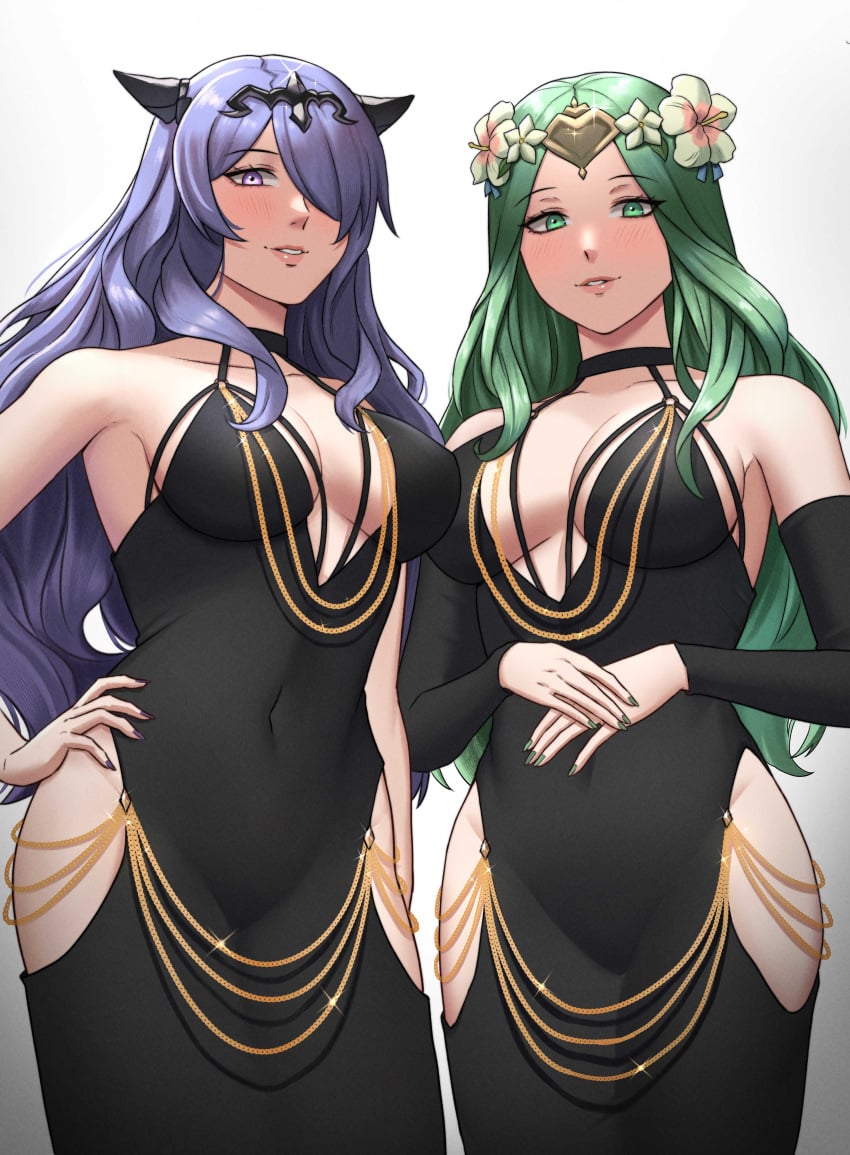 2025 2d 2d_(artwork) 2girls adult adult_female armwear bare_shoulders breasts camilla_(fire_emblem) covering_breasts curvy_body curvy_female curvy_figure digital_drawing_(artwork) digital_media_(artwork) dress dress_lift duo duo_female female/female female_focus female_only fire_emblem fire_emblem:_three_houses green_eyes green_hair green_nails hair_over_one_eye hand_on_own_head hand_on_own_hip highres hourglass_figure jewelry light-skinned_female looking_at_viewer low-angle_view matsuo95 mature mature_female mature_woman milf milfs modakawa_dress mommy mother multiple_girls nintendo older older_female purple_eyes purple_hair purple_nails revealing revealing_clothes rhea_(fire_emblem) shiny_skin simple_background smile smiling_at_viewer standing thighs video_game_character video_games white_background wide_hips