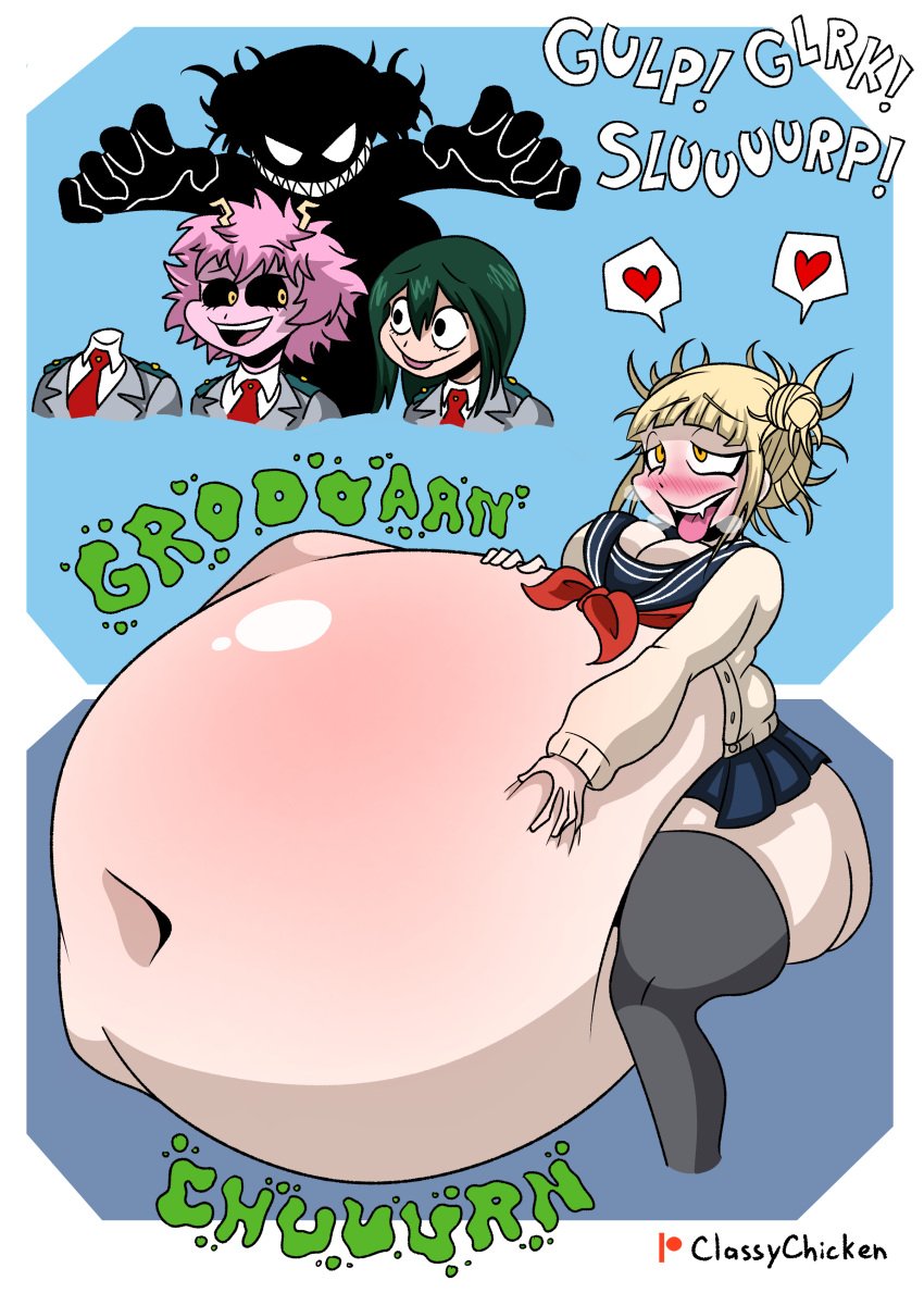 4girls belly big_ass big_belly big_breasts blush boku_no_hero_academia classychicken34 cleavage digestion digestion_noises female female_pred female_prey himiko_toga huge_belly mina_ashido multiple_prey my_hero_academia school_uniform thick_thighs tooru_hagakure tsuyu_asui vore vore_belly