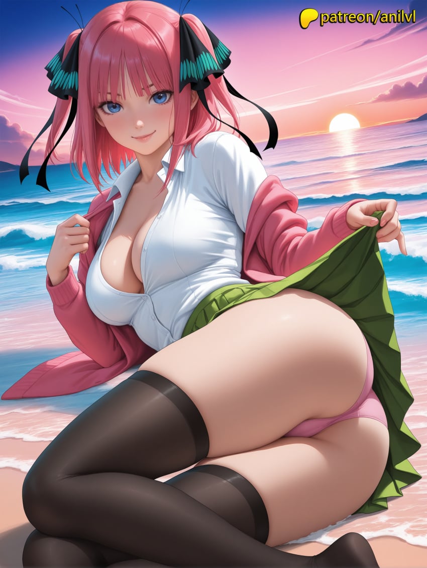 1girls 2024 ai ai_assisted ai_generated anilvl anime anime_girl anime_style artist_name ass ass bangs beach big_ass big_breasts big_breasts big_breasts big_butt big_chest black_legwear blue_eyes blunt_bangs blush booty breast breasts breasts breasts bubble_ass bubble_butt bust busty buttocks chest cleavage closed_mouth clothes_lift cloud cloudy_sky collarbone curvy_ass curvy_butt cute_ass eyebrows_visible_through_hair female firm_ass go-toubun_no_hanayome green_skirt hair_ornament hair_ribbon hi_res high_quality high_resolution highres horizon juicy_ass juicy_butt large_ass large_breasts lifted_by_self long_sleeves looking_at_viewer nakano_nino ocean open_cardigan open_clothes outdoors panties patreon patreon_username perfect_ass pink_hair pink_panties pleated_skirt plump_ass ribbon round_ass sand sexy_ass shirt shore short_hair skirt skirt_hold skirt_lift sky smile solo stable_diffusion sun sunset thighhighs tight_ass two_side_up underwear voluptuous_ass water watermark waves white_shirt