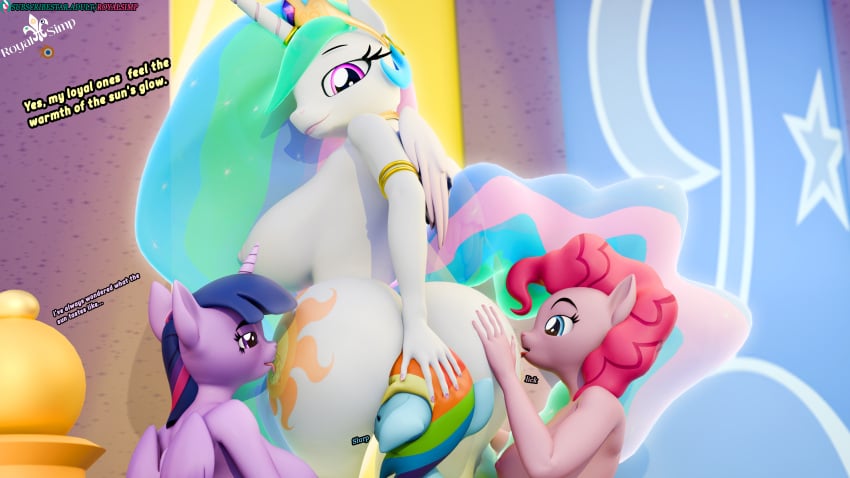 16:9 3d 4k absurd_res alicorn ass big_butt blender bodily_fluids digital_media english_text equid equine eyes_on_the_price female friendship_is_magic hand_on_head hasbro hi_res horn invalid_tag licking mammal my_little_pony mythological_creature mythological_equine mythology pinkie_pie_(mlp) pornography princess_celestia_(mlp) rainbow_dash_(mlp) royal_castle royalsimp saliva subscribestar_url text tongue twilight_sparkle_(mlp) url widescreen wings