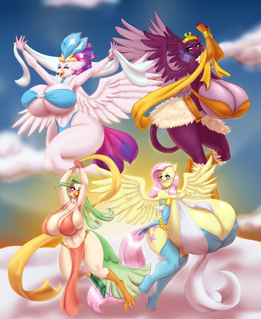 2020 3_toes absurd_res anthro avian beak big_breasts bird blues64 blush breasts captain_celaeno_(mlp) clothing cloud cutie_mark digital_media_(artwork) equid equine feet felid female fluttershy_(mlp) friendship_is_magic group hasbro hi_res huge_breasts hyper hyper_breasts legwear mammal marauder6272 my_little_pony my_little_pony:_the_movie_(2017) mythological_creature mythological_equine mythological_sphinx mythology open_beak open_mouth outside parrot pegasus queen_novo_(mlp) sphinx_(mlp) toes wings