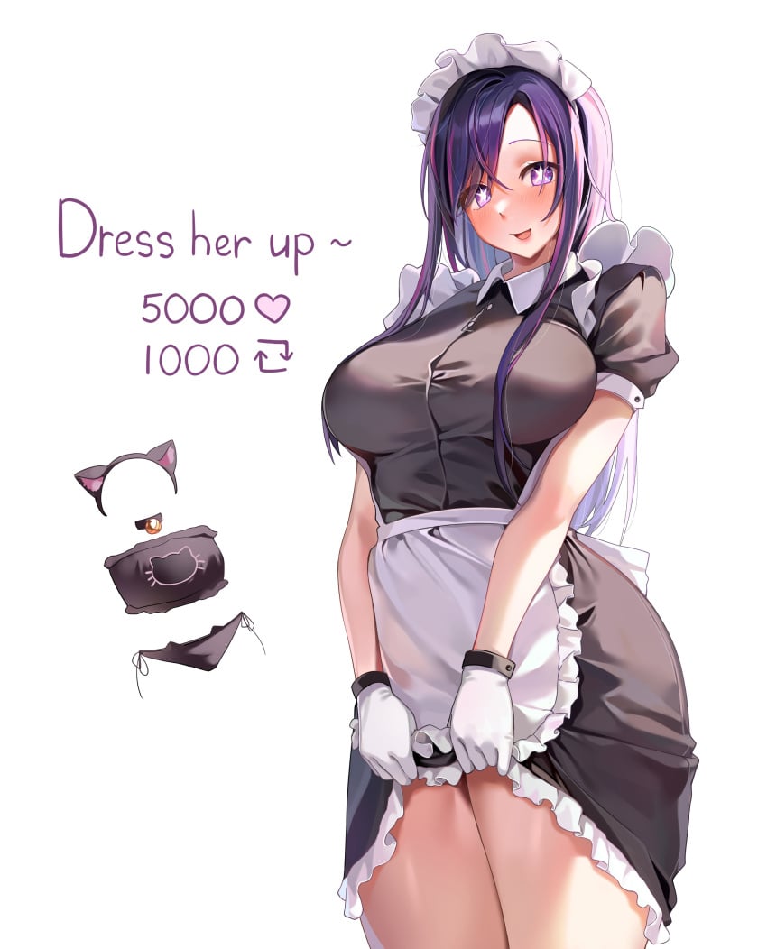 bare_legs big_breasts blush gloves hoshino_ai idol long_hair looking_at_viewer machulanko maid maid_apron maid_headdress maid_outfit maid_uniform oshi_no_ko pulling_skirt pulling_up_skirt purple_eyes purple_hair skirt skirt_lift skirt_up slim_waist smiling_at_viewer teenager thick_thighs thighhighs wide_hips