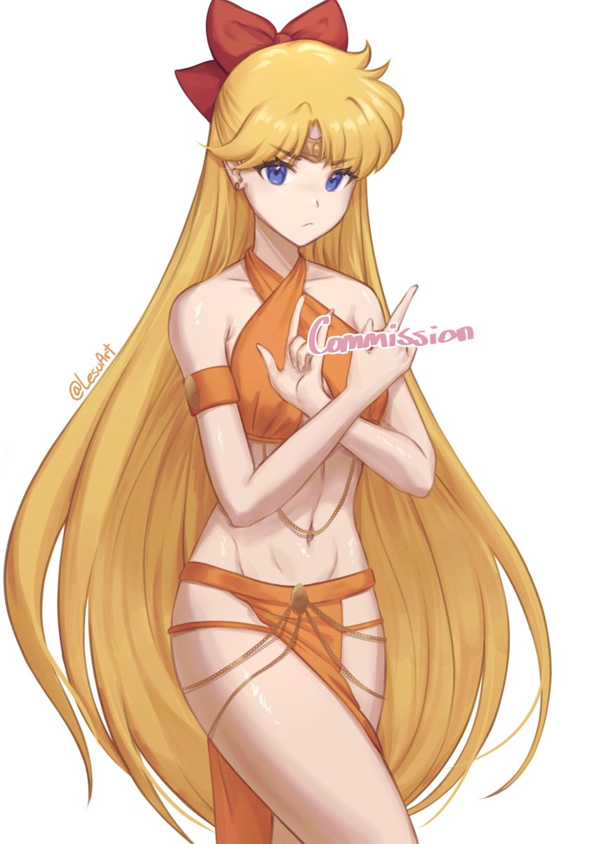 abs absurdly_long_hair absurdres aino_minako alluring artist_name bare_shoulders bishoujo_senshi_sailor_moon blonde_hair blue_eyes bow chains cleavage cleavage_cutout clothing_cutout commentary commission cowboy_shot criss-cross_halter crossed_wrists dancer english_commentary english_text eyelashes female gold_chain groin hairbow halterneck hands_up highres knee_up lesu long_hair looking_at_viewer m/ medium_breasts meme_attire midriff minako_aino navel orange_armband orange_shirt orange_skirt pelvic_curtain red_bow sailor_moon_pose shiny_skin shirt side_slit signature simple_background skirt solo standing tiara toned toned_female twintails twitter_username v-shaped_eyebrows very_long_hair white_background yomorio_lingerie