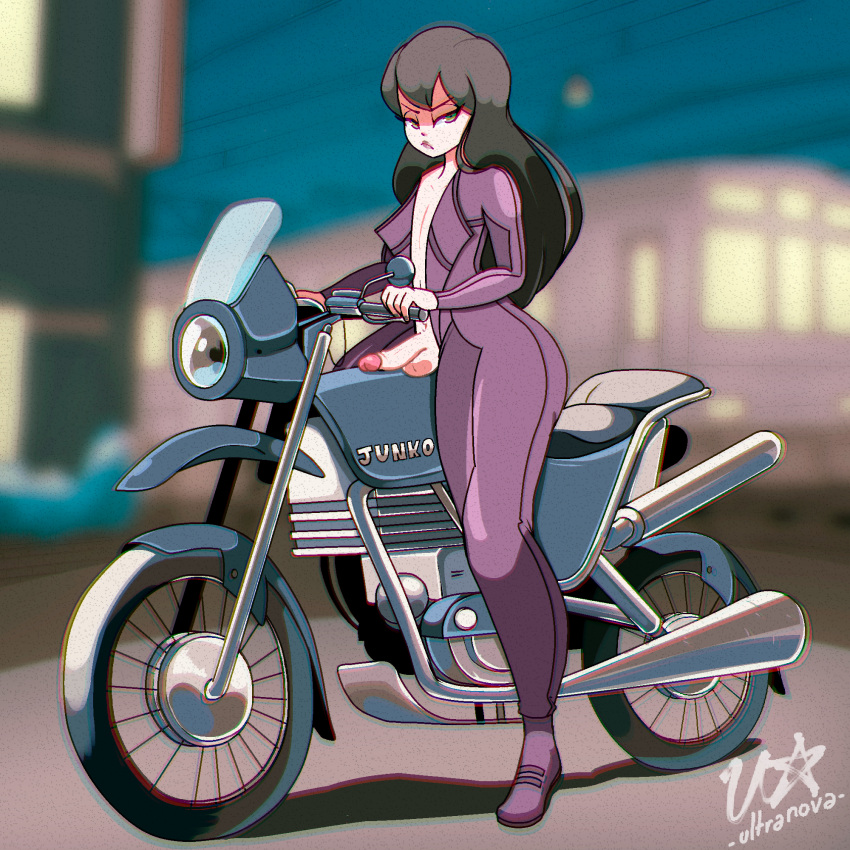 bangs bikesuit femboy long_hair male male_focus male_only motorcycle penis saudade_(character) ultranova